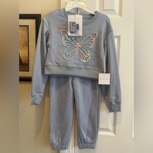 Btween Blue Butterfly Sweatshirt and Joggers Set with Hairclip 🦋